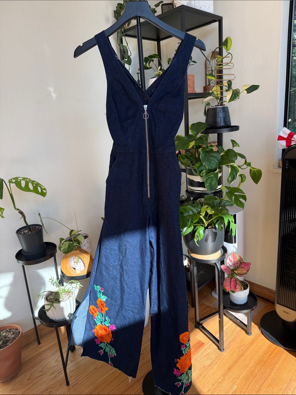 Adam Selman Fall 2017 “Say It With Flowers” Embroidered Denim Utility Jumpsuit